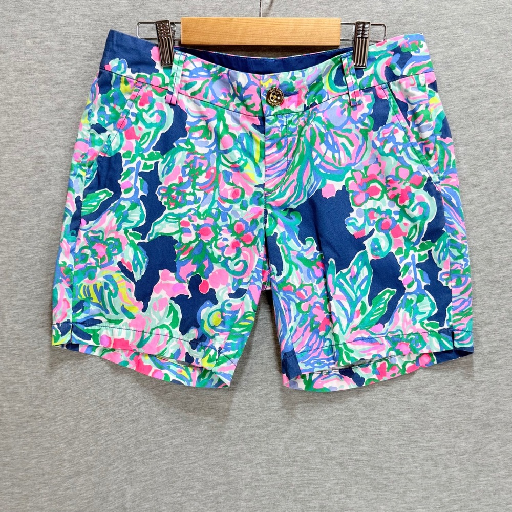 Lilly Pulitzer Jayne Shorts Womens 0 Blue Pink Floral Tropical Chino Coastal